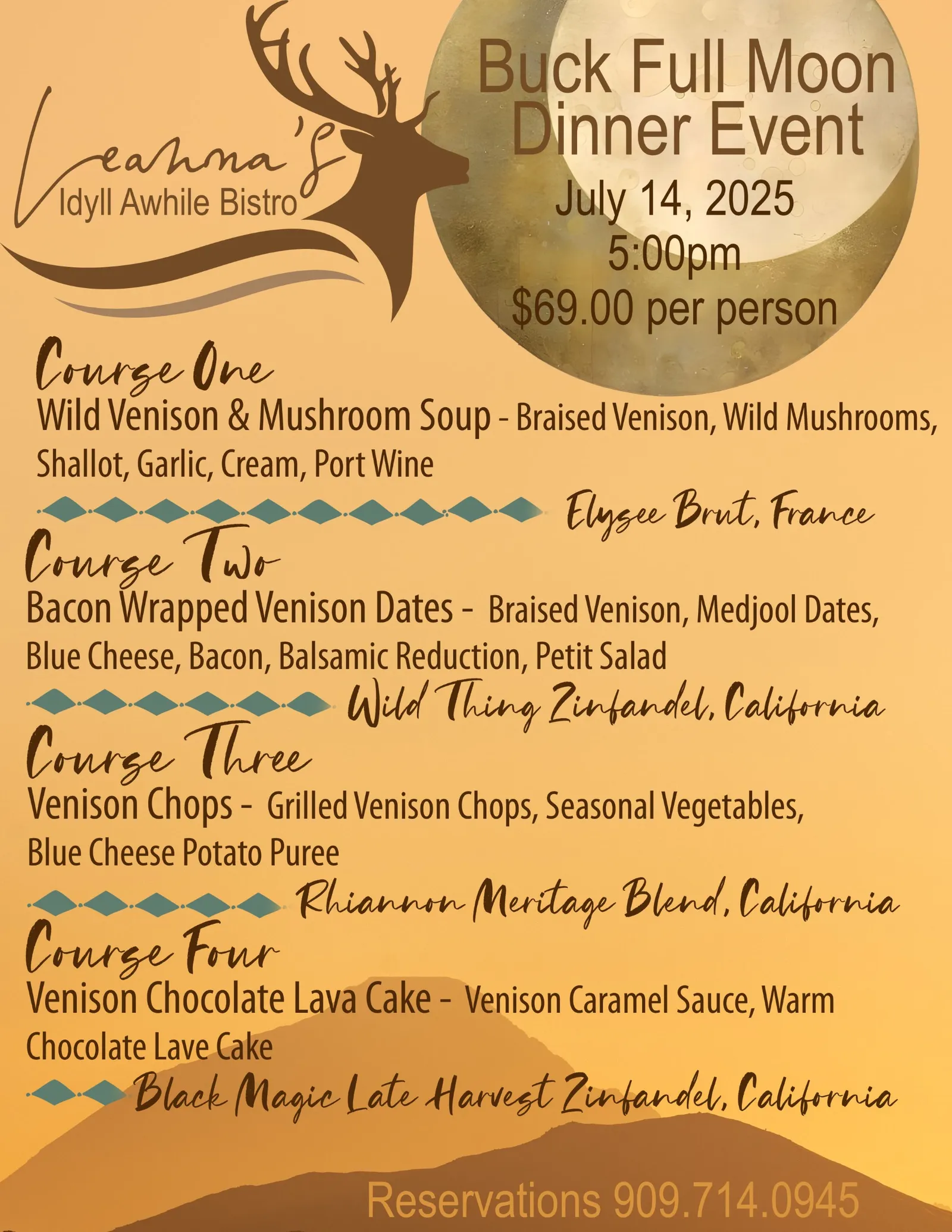 buck full moon dinner event@ leanna's bistro