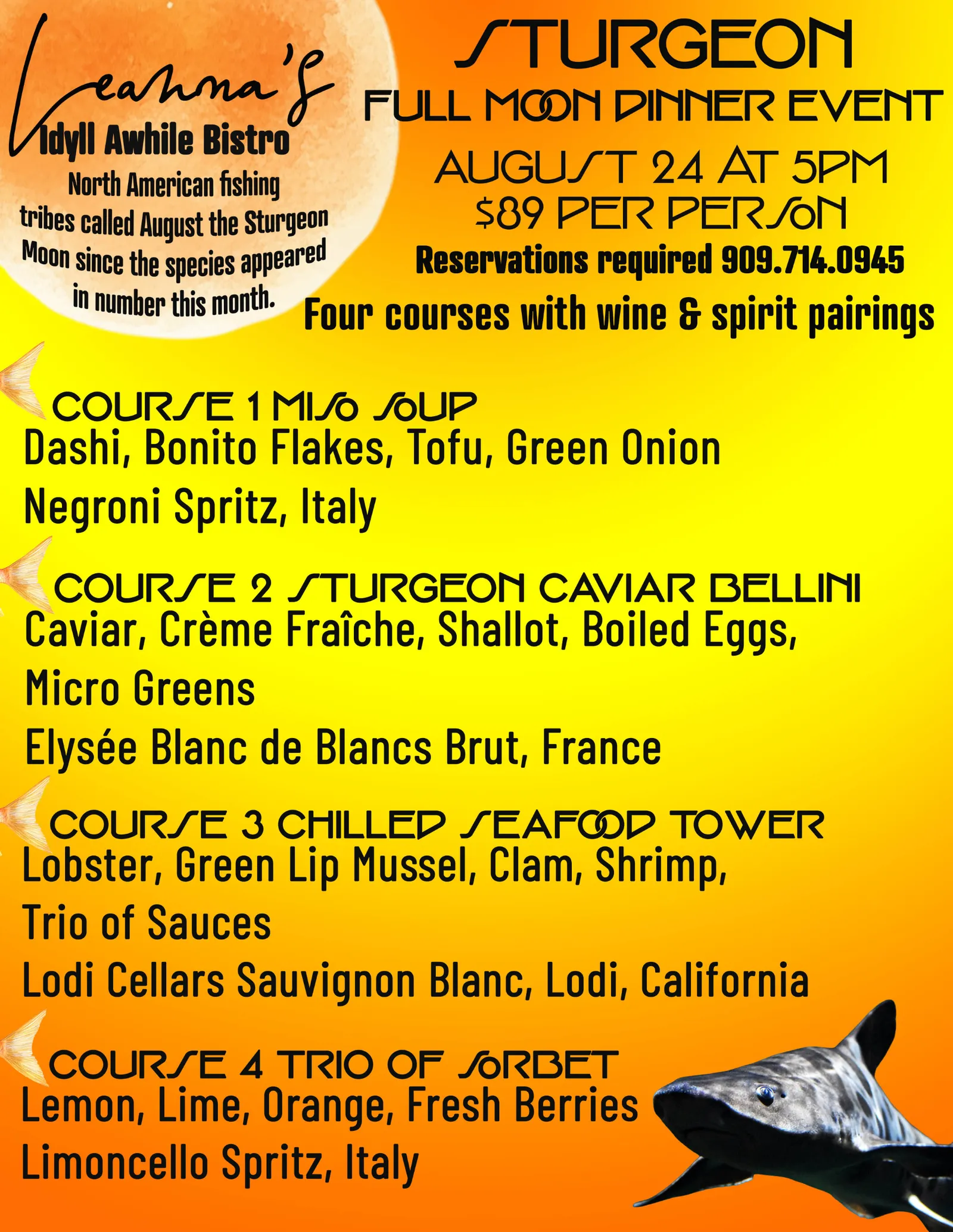 sturgeon full moon dinner event@ leanna's idyll awhile