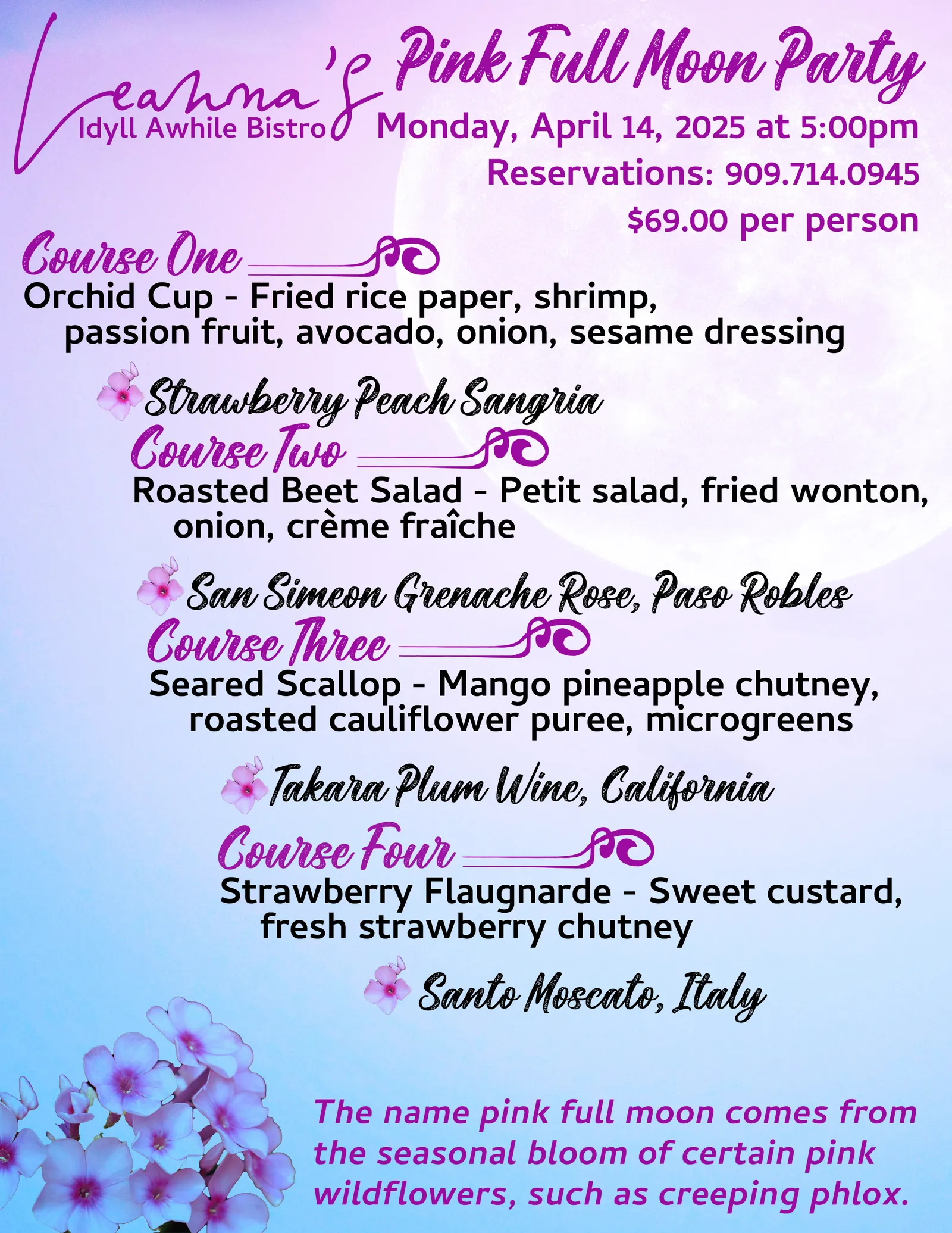 pink full moon dinner event@ leanna's Idyll awhile
