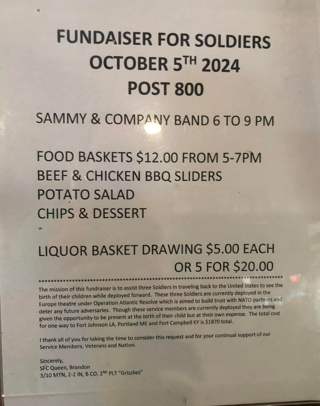 fundraiser for soldiers@ american legion