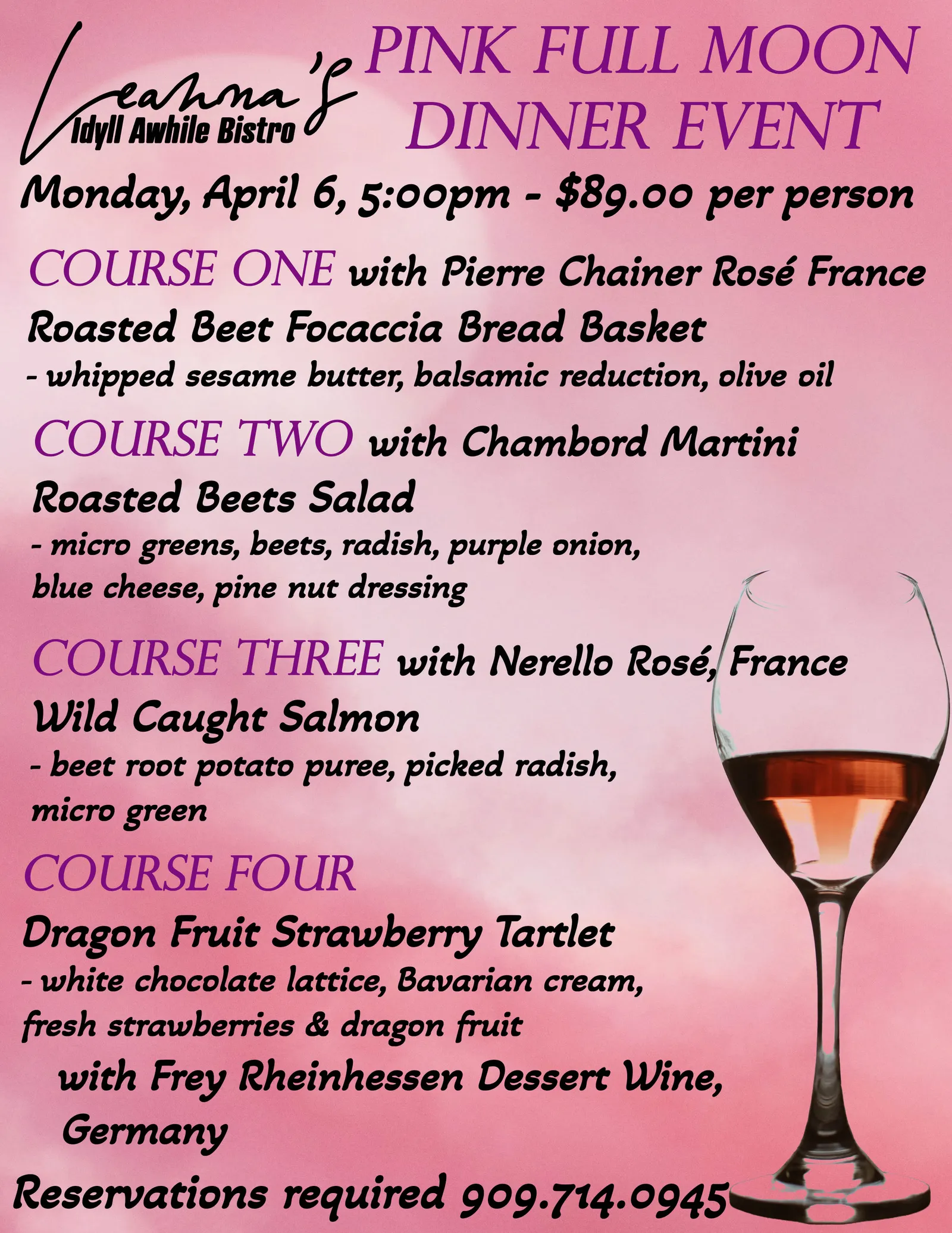 pink full moon dinner event@ leanna's Idyll Awhile