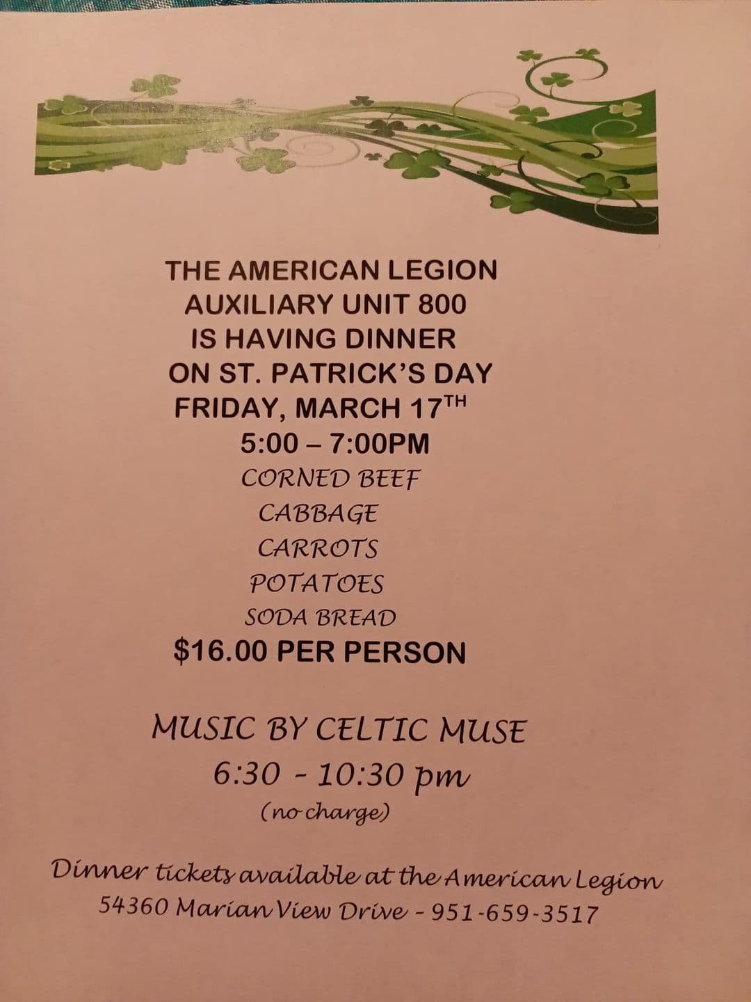 St. Patrick's Day dinner@American Legion